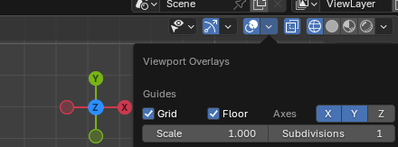 Blender Viewport Overlays popover showing grid scale and subdivision settings