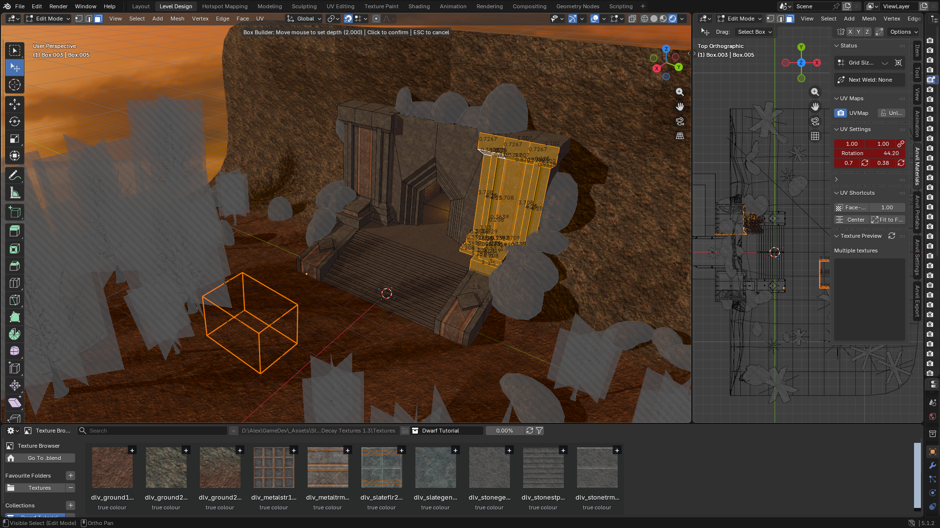 The Anvil Level Design workspace inside Blender with viewport, texture browser, and Anvil side panels visible