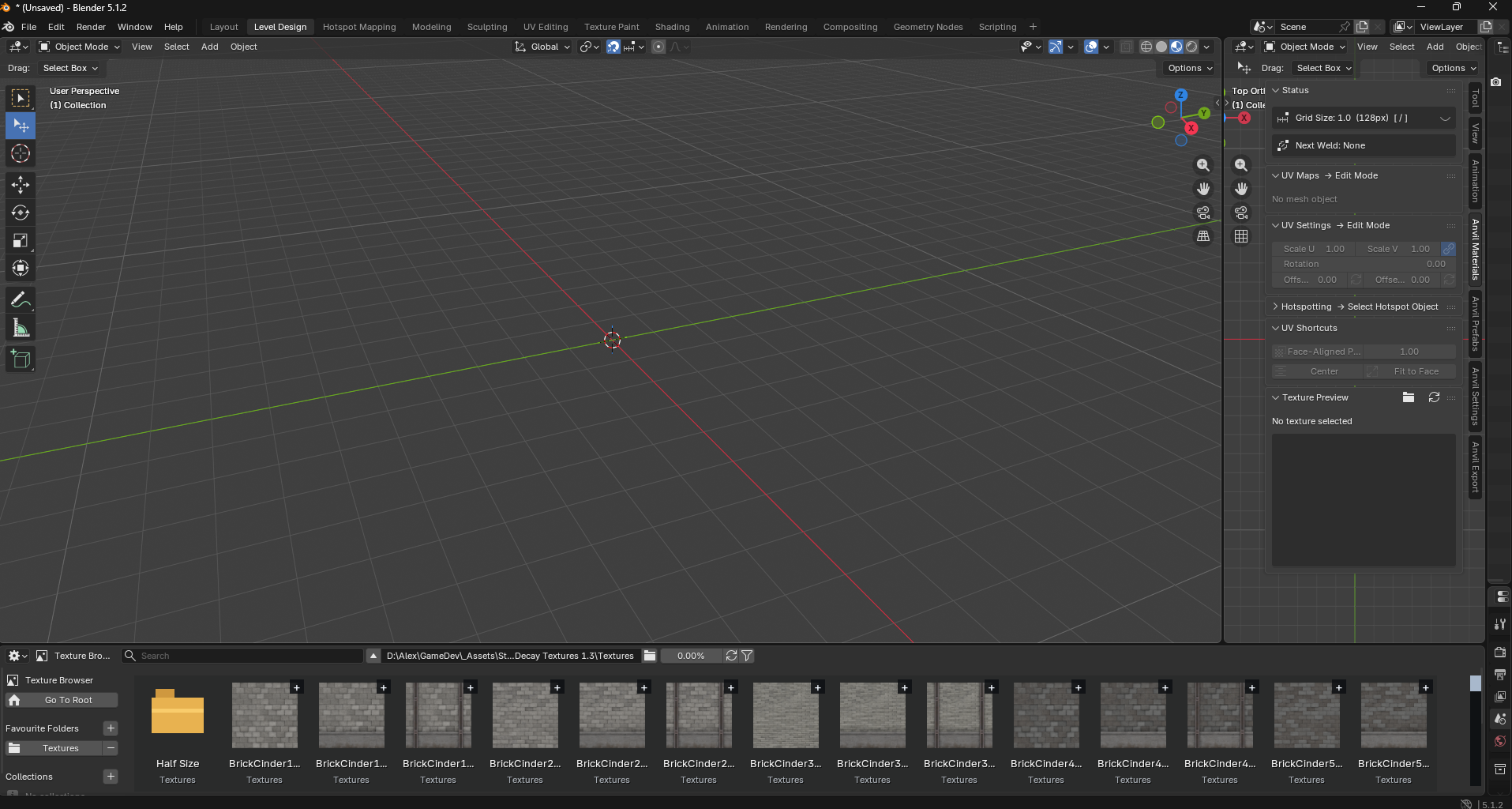 Blender Level Design workspace with Anvil side panels and the texture browser visible