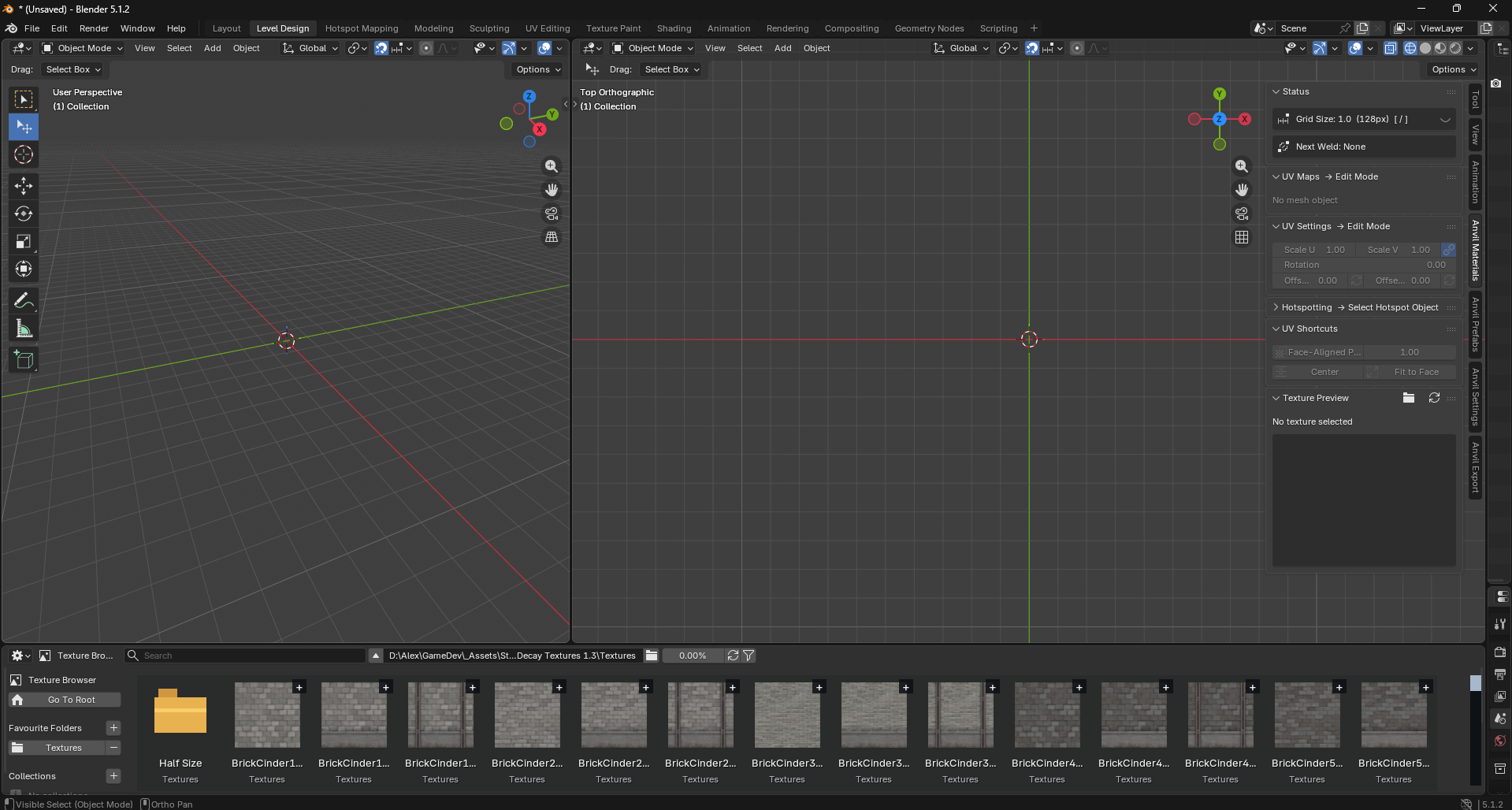 Level Design workspace with a large top orthographic viewport beside Anvil panels