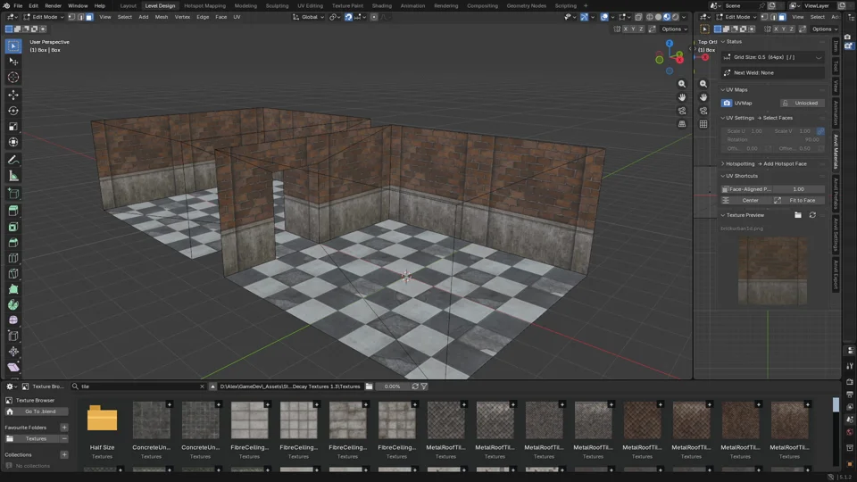 Connected faces selected across a textured interior mesh in Blender